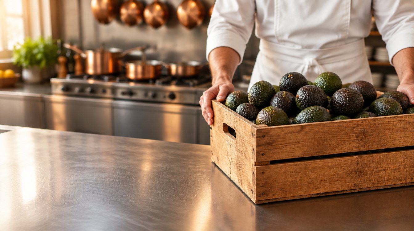 Cajón de paltas sobre el mesón de la cocina de un restaurante
